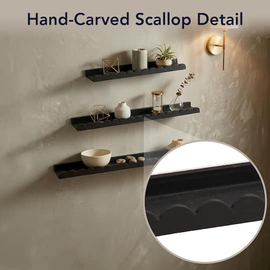 American Art Decor Matte Black Scallop Wood Floating Wall Shelf Set
